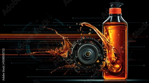 Motor Oil Bottle with Gear, Splash, and Tech Background.