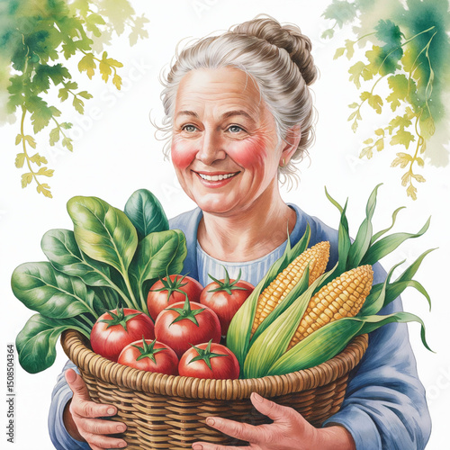 woman holding basket of vegetables, farmer offers vegetables