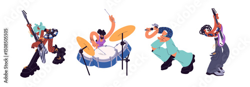 Set of rock artist with music instruments. Musicians perform, play guitar, drum on live concert. Professional singer with microphone sings song. Flat isolated vector illustrations on white background