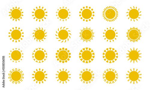 Collection of 24 Sun Symbols – Hand-Drawn and Minimal Vector Elements, sun set, sun summer
