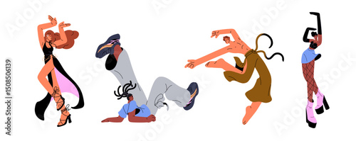 Set of performing dancers. People dance at the party. Performers are breakdancing, move by hip hop music. Men and women have fun at the disco. Flat isolated vector illustrations on white background