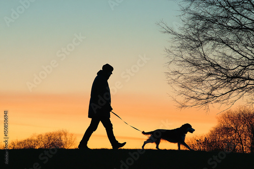 A person walking a dog in the park silhouette