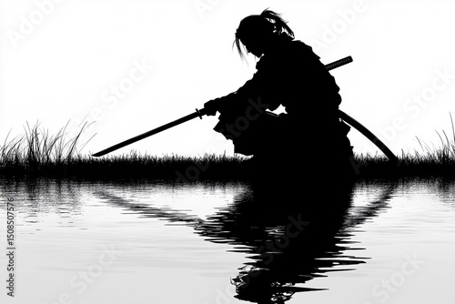 A samurai warrior kneeling with a sheathed katana silhouette