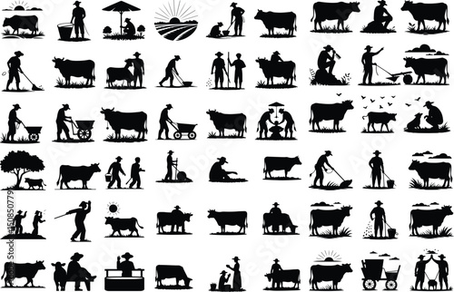 Farmer with Cow Silhouette Set – Rural Life Vector Collection Village Farmer and Cow Scene – Black Silhouette Bundle