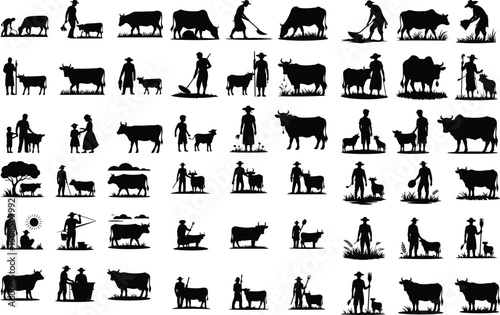 Farmer with Cow Silhouette Set – Rural Life Vector Collection Village Farmer and Cow Scene – Black Silhouette Bundle