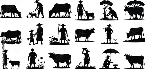 Farmer with Cow Silhouette Set – Rural Life Vector Collection Village Farmer and Cow Scene – Black Silhouette Bundle