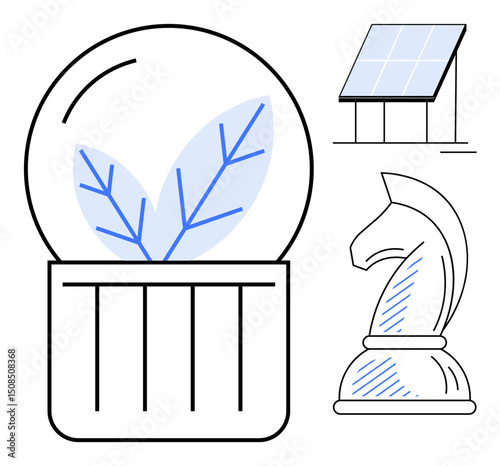 Leaf inside glass dome, solar panel, and knight chess piece represent energy, eco-friendliness, strategy. Ideal for sustainability, innovation, environment, planning ecology problem-solving