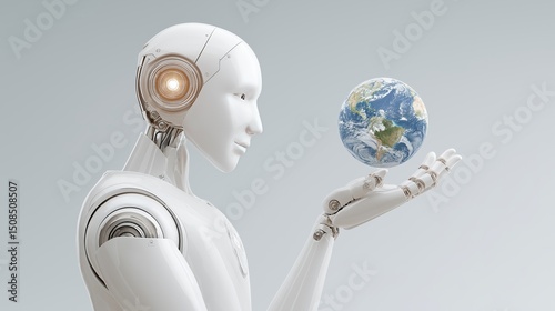 Futuristic humanoid robot gently holding a miniature Earth in its hand. Artificial intelligence, global technology, and the future of humanity. Sci-fi, AI ethics, sustainability and innovation topics