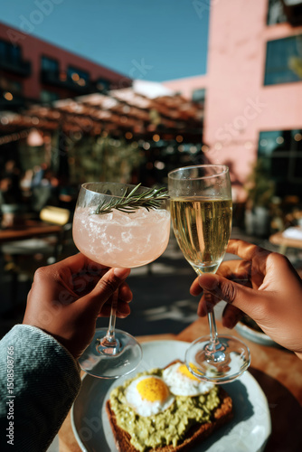 Two people toasting cocktails over avocado toast brunch in outdoor café setting