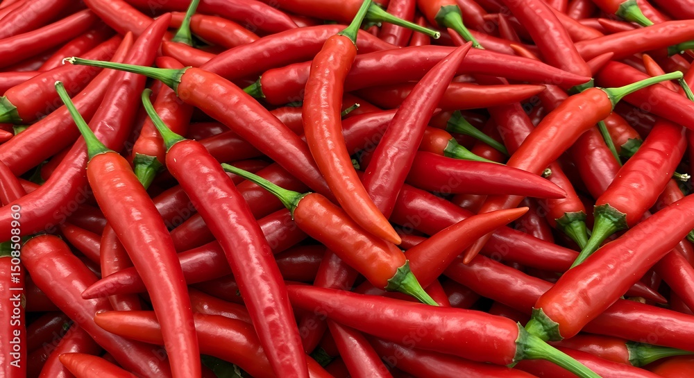 Pile of fresh red chili peppers with green stems Pile of fresh red chili peppers with green stems
