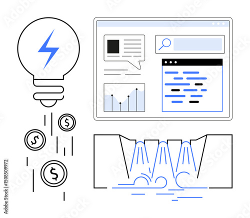 Light bulb emitting coins, graphs, search bar, and water stream. Ideal for sustainability, innovation, finance, technology, renewable energy data analysis and a simple landing page