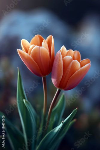 Delicate tulips blooming among rocks at sunset, serene mountain wildflower scene