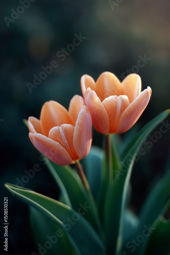 Delicate tulips blooming among rocks at sunset, serene mountain wildflower scene