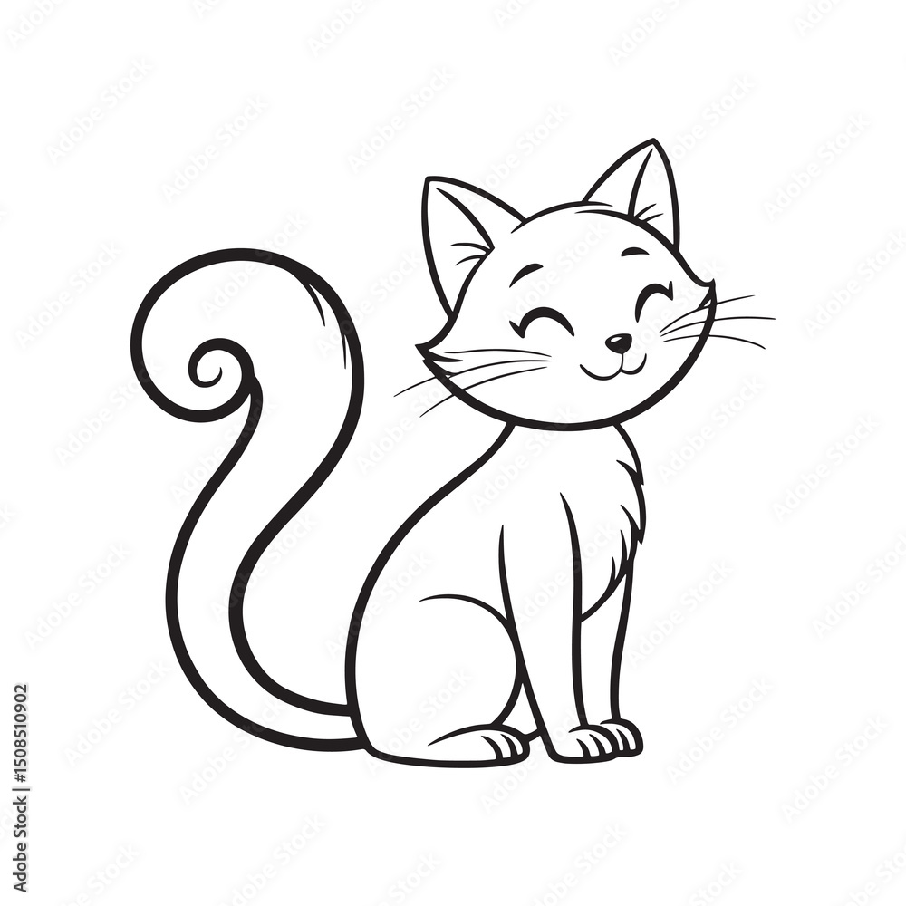 Fototapeta premium Happy Cartoon Cat Sitting with a Spiral Tail, black and white coloring page