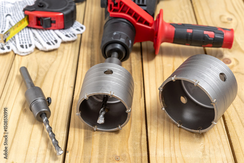 Crown drill bits for concrete on wooden table
