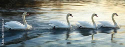 Swans glide gracefully across the shimmering water during a serene evening