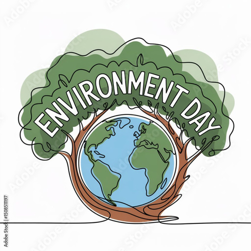 World environment day simple  web banner, poster with earth and trees. One continuous line drawing. Minimalist banner, illustration with lettering environment day. vector isolated on white background