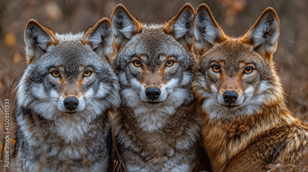 Fototapeta premium Portrait of Three Wolves in a Natural Habitat Staring Intently at the Camera