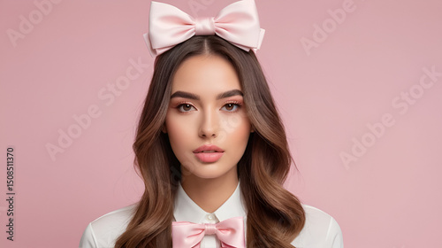 Chica aesthetic con lazo coquette, mujer vestida de rosa con lazo en la cabeza.