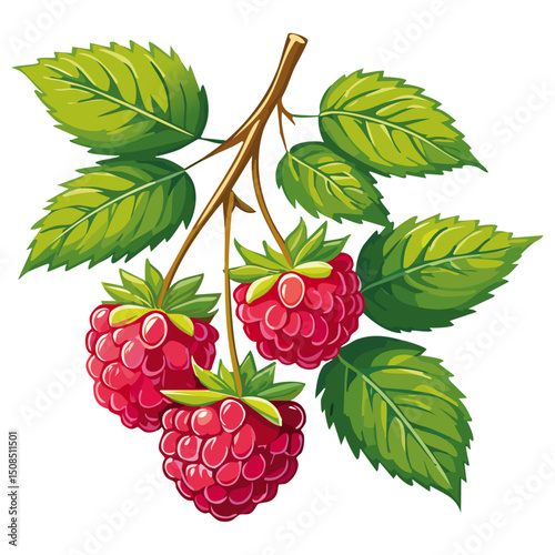 Branch of ripe raspberries color vector illustration. Image of summer red berry with leaves on isolated background. For packaging design and print for clothes
