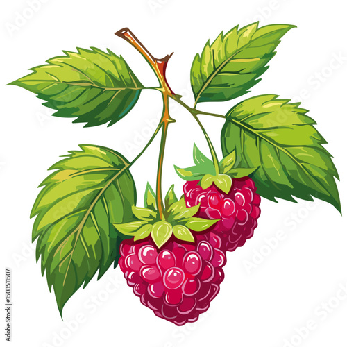 Branch of ripe raspberries color vector illustration. Image of summer red berry with leaves on isolated background. For packaging design and print for clothes