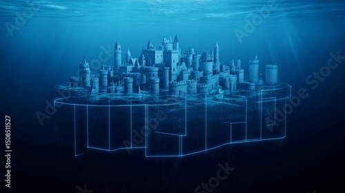 Underwater Kingdom Sunken Castle with Blue Neon Outline   fantasy  architecture