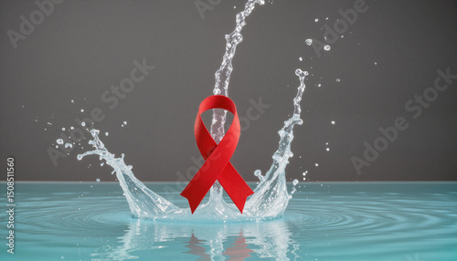 Red ribbon with water splash on blue surface, World AIDS Day awareness