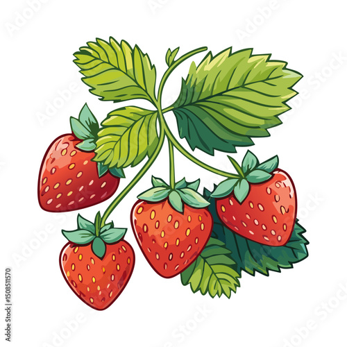 Branch of ripe strawberries color vector illustration. Image of summer red berry with leaves on isolated background. For packaging design and print for clothes