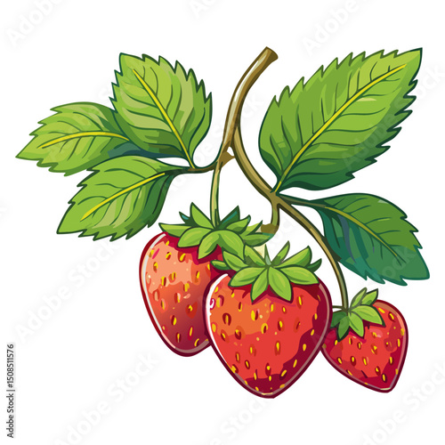 Branch of ripe strawberries color vector illustration. Image of summer red berry with leaves on isolated background. For packaging design and print for clothes