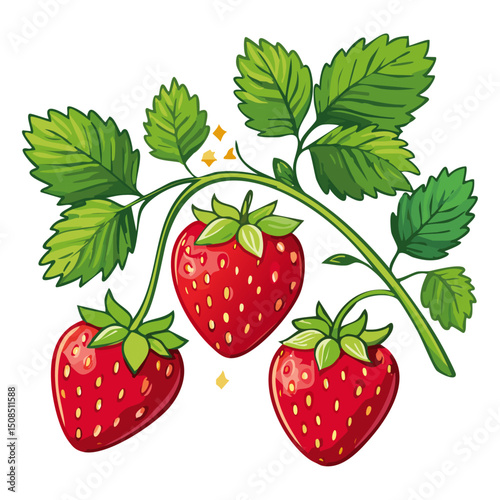 Branch of ripe strawberries color vector illustration. Image of summer red berry with leaves on isolated background. For packaging design and print for clothes
