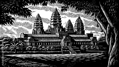 Angkor Wat illustration black and white isolated hand drawn sketch