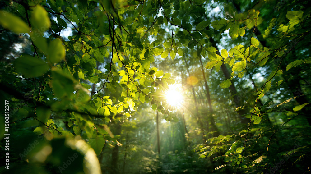 Fototapeta premium Warm golden sunlight streaming through dense forest canopy, creating magical rays in the air.