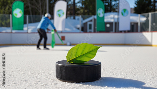 Eco message with hockey puck and green leaf on ice rink