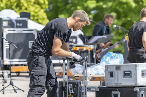 Technicians setting up equipment for live music performance in outdoor venue during sunny day