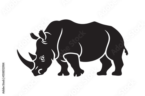 Striking Black Rhinoceros Vector Silhouette - Powerful African Wildlife Illustration