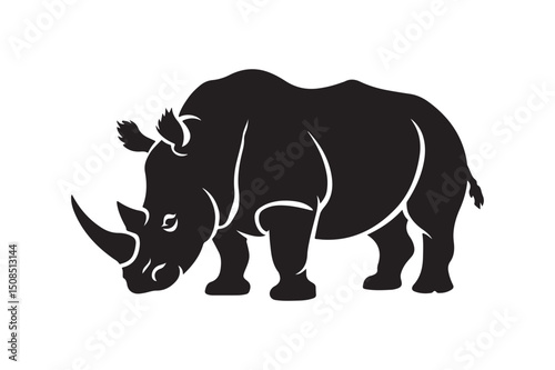 Striking Black Rhinoceros Vector Silhouette - Powerful African Wildlife Illustration