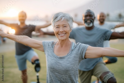 A diverse group of adults a man using a prosthetic leg adapted for yoga in background.