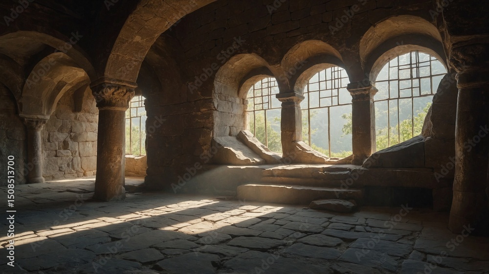Fototapeta premium Sunbeams Illuminating Ancient Stone Room Interior