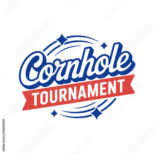 Cornhole Tournament Logo with Bold Typography, Vector graphic of a cornhole tournament logo featuring bold script and banner text, ideal for event branding or promotional use.

