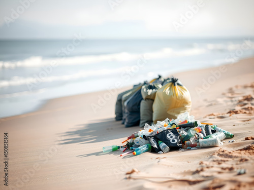 Beach Cleanup: A poignant scene unfolds on a sun-kissed beach, where bags of collected trash and plastic waste serve as a stark reminder of the environmental challenges.