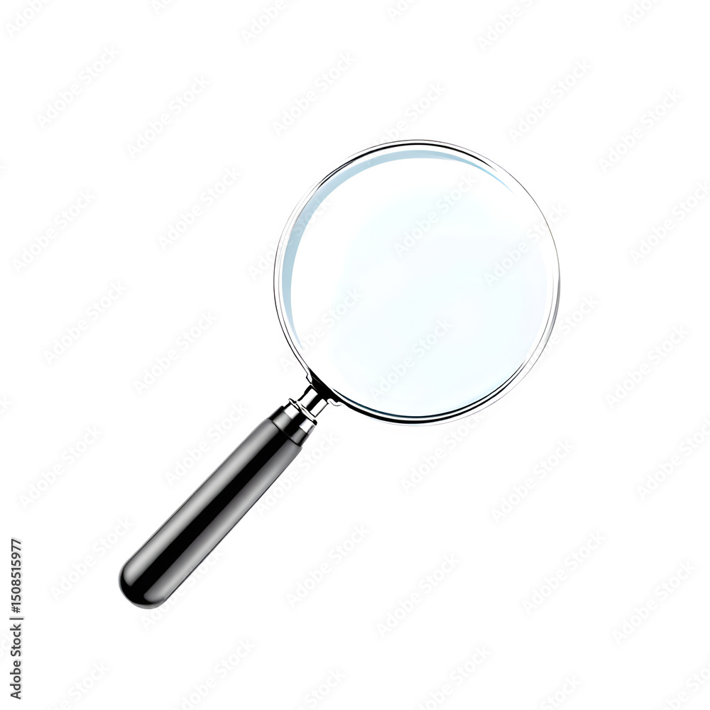 A magnifying glass with a silver frame and a black handle isolated on a black background image detail isolated with white background A magnifying glass with a silver frame and a black handle isolated on a black background image detail isolated with white background