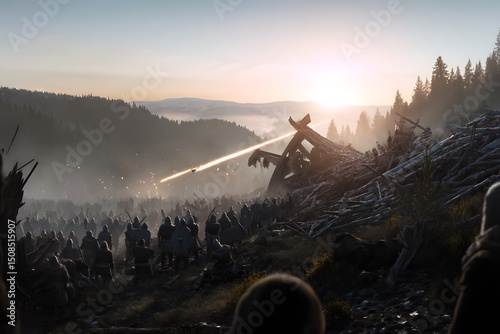 Medieval army confronts ballista projectile impact
