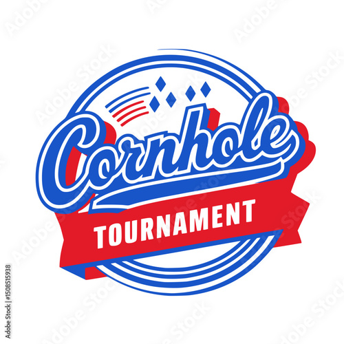 Cornhole Tournament Logo with Bold Typography, Vector graphic of a cornhole tournament logo featuring bold script and banner text, ideal for event branding or promotional use.

