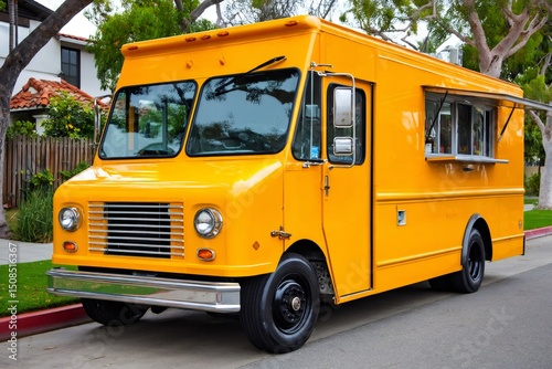 Bright yellow food truck parked on suburban street offering delicious meals