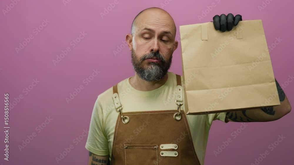 Bald bearded man in apron holding paper bag with expressionless face against pink background.