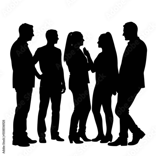 Silhouettes of five people engaging in conversation on a plain background  