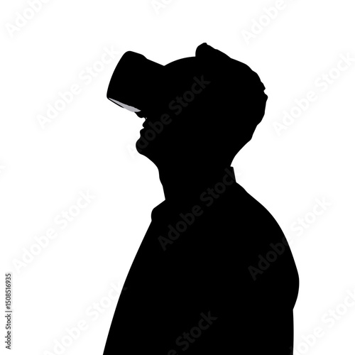 Young man using virtual reality headset in profile silhouette