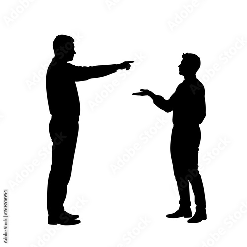 Two men interacting with one gesturing and the other responding in silhouette  
