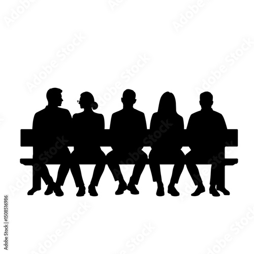 Group of people sitting on a bench in silhouette against white background  