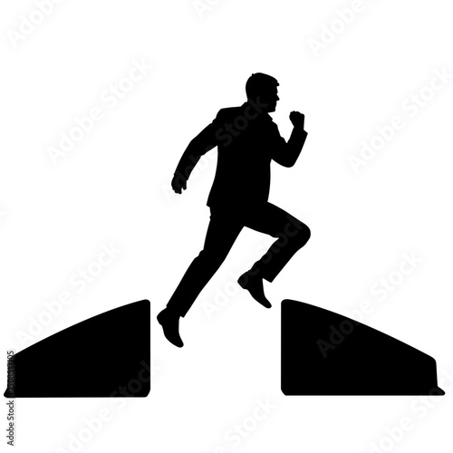 Businessman running across two obstacles in silhouette form  